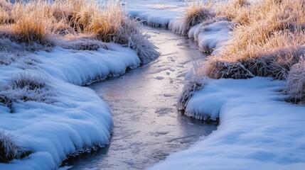 Aufkleber - A clear creek flows gently through snowy terrain and frosted grasslands, illuminated by the soft light of dawn. The serene landscape captures the beauty of winter in tranquil surroundings.
