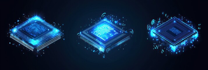 Fototapete - Three Illuminated Computer Processors With Glowing Circuitry