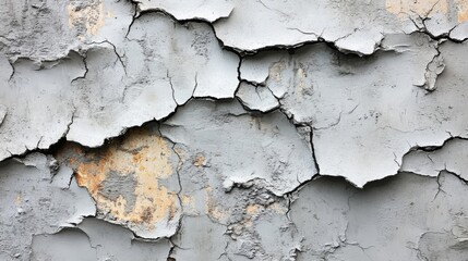 Leinwandbilder - The surface of a gray wall displays significant wear with cracks and areas of peeling paint, highlighting the impact of weather and time on the structure.