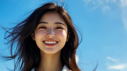 Sticker - Beautiful woman smiling hair blowing in the wind blue sky background.