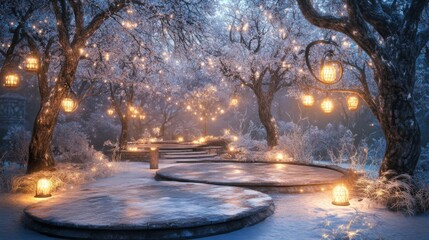 Poster - The serene winter garden features elegantly arranged pathways surrounded by snow-covered trees, adorned with glowing lanterns that create a magical atmosphere during a quiet night.