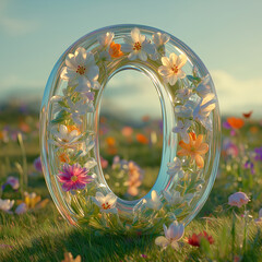 Glass 3D letter, text with flowers for design