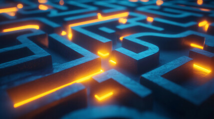 A labyrinth maze with a glowing yellow path on a blue background concept of problem solving. 3D Rendering