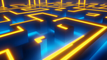 A labyrinth maze with a glowing yellow path on a blue background concept of problem solving. 3D Rendering