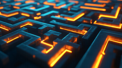 A labyrinth maze with a glowing yellow path on a blue background concept of problem solving. 3D Rendering