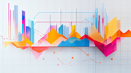 a vibrant detailed graph with multiple line charts overlaid on a bar chart, set against a grid on a 