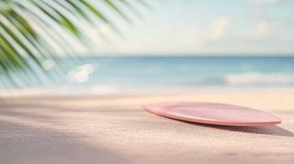 Wall Mural - Dreamy pink vacation beach, surfboard laying on pastel sands, island scenery, realistic 3D, perfect for product mock-up, clean and minimal