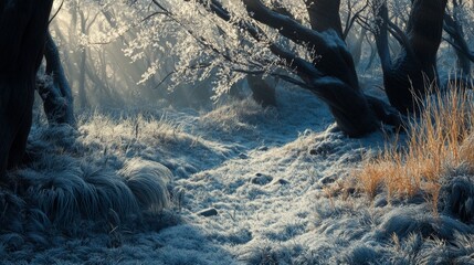 Poster - Sunlight streams through the trees of a winter forest, illuminating the frost-covered grass and branches.
