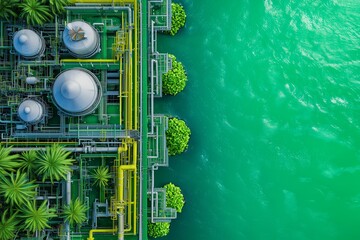 Aerial view of industrial pipes and tanks near water, surrounded by greenery, showcasing a blend of technology and nature.