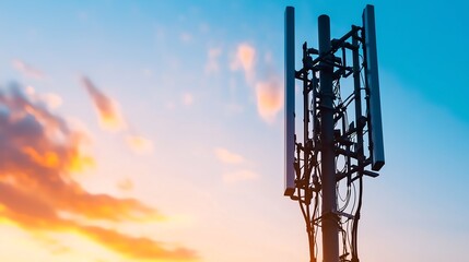 A telecommunications tower silhouetted against a colorful sunset, representing connectivity and modern technology in a serene setting.