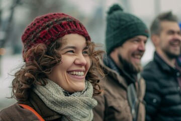 Portrait of a smiling young woman in a knitted hat and scarf