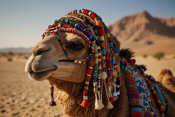 A decorated camel in a desert landscape showcasing cultural attire.