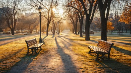 Aufkleber - At dawn, a serene park features benches flanking a winding path. Sunlight filters through trees, casting long shadows on frosty grass, creating a peaceful atmosphere for morning strolls.