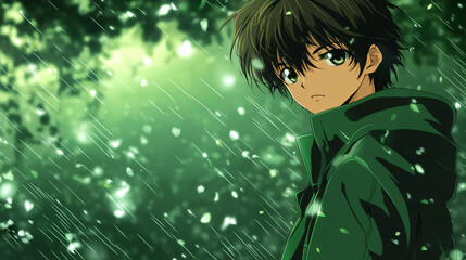 handsome japanese anime boy in green background, anime wallpaper