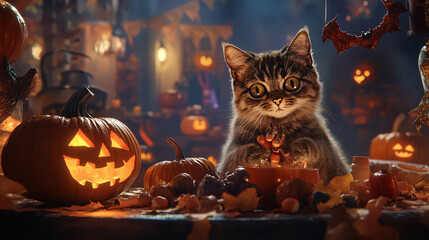 A cat with Halloween decorations,