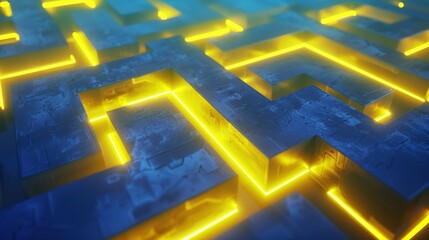 Wall Mural - Abstract 3D Maze with Glowing Yellow Lines