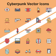 Wall Mural - set of cyberpunk icons showcasing futuristic and dystopian elements ideal for sci-fi and tech themes