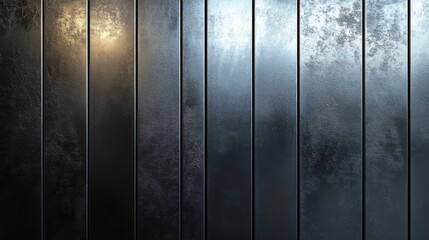Poster - The photograph captures a close view of a modern metallic wall, featuring sleek vertical panels that reflect soft lighting and create a sophisticated industrial ambiance.