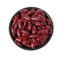 Dried red beans in bowl isolated on white, top view