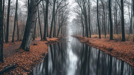 Leinwandbilder - A tranquil river flows gently through a mist-covered forest in autumn. Bare trees line the banks, and fallen leaves cover the ground, creating a serene atmosphere in the fading daylight.