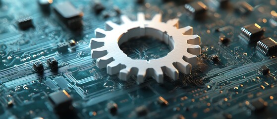 Aufkleber - Abstract futuristic vector illustration showcasing a 3D white paper gear wheel on a circuit board background, symbolizing hightech engineering advancements