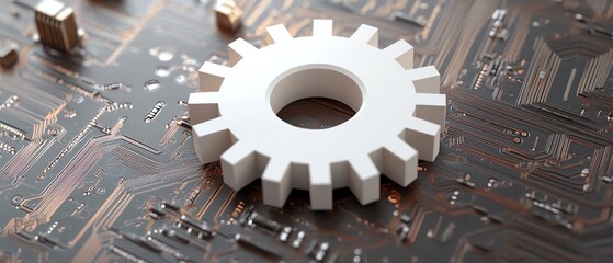 Aufkleber - Abstract futuristic vector illustration showcasing a 3D white paper gear wheel on a circuit board background, symbolizing hightech engineering advancements