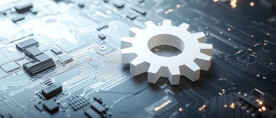 Aufkleber - Abstract futuristic vector illustration showcasing a 3D white paper gear wheel on a circuit board background, symbolizing hightech engineering advancements