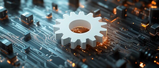 Aufkleber - Abstract futuristic vector illustration showcasing a 3D white paper gear wheel on a circuit board background, symbolizing hightech engineering advancements