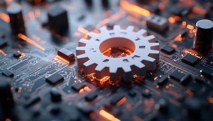 Aufkleber - Abstract representation of a 3D white paper gear wheel on a circuit board, illustrating the future of technology and engineering advancements in a vibrant design