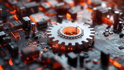 Aufkleber - Abstract representation of a 3D white paper gear wheel on a circuit board, illustrating the future of technology and engineering advancements in a vibrant design