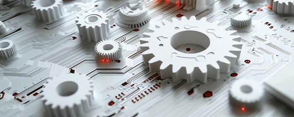 Aufkleber - Creative abstract design with a 3D white paper gear wheel overlaying a circuit board, representing cuttingedge engineering and technology evolution