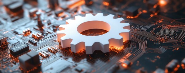 Poster - Dynamic vector illustration of a 3D white paper gear wheel on a circuit board background, symbolizing the fusion of creativity and hightech engineering
