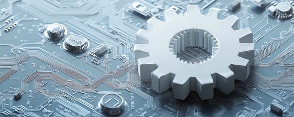 Poster - Dynamic vector illustration of a 3D white paper gear wheel on a circuit board background, symbolizing the fusion of creativity and hightech engineering