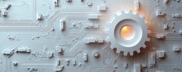 Poster - Dynamic vector illustration of a 3D white paper gear wheel on a circuit board background, symbolizing the fusion of creativity and hightech engineering