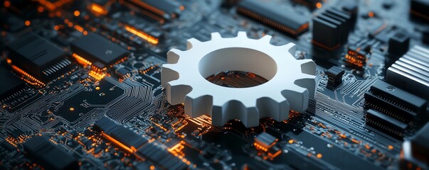 Poster - Dynamic vector illustration of a 3D white paper gear wheel on a circuit board background, symbolizing the fusion of creativity and hightech engineering