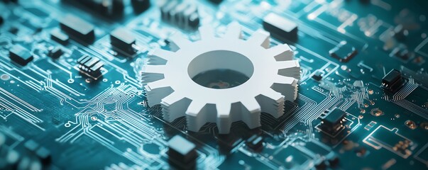 Aufkleber - Innovative vector illustration featuring a 3D white paper gear wheel against a circuit board background, representing the advancement of engineering technologies