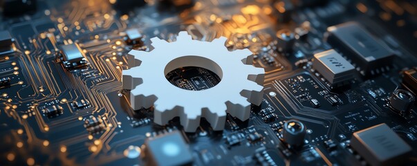Aufkleber - Innovative vector illustration featuring a 3D white paper gear wheel against a circuit board background, representing the advancement of engineering technologies