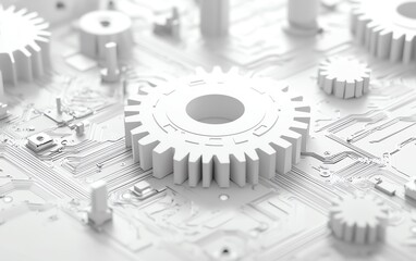 Aufkleber - Sleek abstract illustration showcasing a 3D white paper gear wheel and circuit board, emphasizing the future of hightech engineering solutions