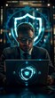 © ifoto - Cinematic shot of an IT professional in glasses, dressed in suit and tie working on his laptop with holographic shield icon above it with check mark inside the shield