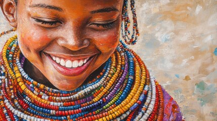 A close-up portrait of a smiling African woman wearing colorful beaded necklaces.