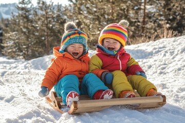 Two toddlers in winter clothes sitting in the snow, smiling and playing
