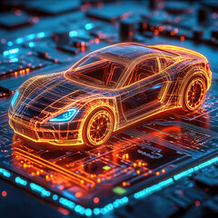 A car with an industrial blueprint is shown in a blue wireframe hologram style on the background of digital technology and circuit board