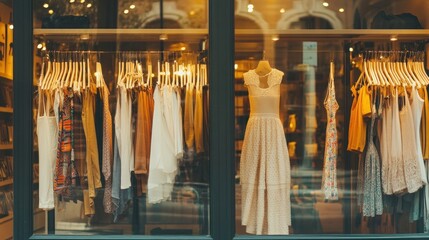 A storefront window display with mannequins and clothing on hangers.