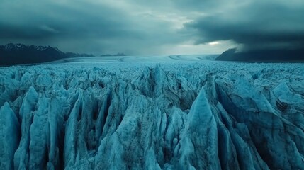 Canvas Print - A drone shot of a massive glacier, with deep blue ice cracks and jagged formations stretching out towards the horizon under a dramatic sky.