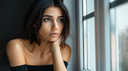 A melancholic young woman in a sleek black dress gazes out the window, her short hair framing her sorrowful expression.