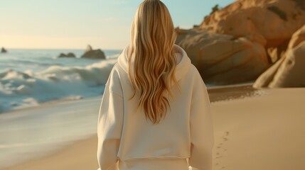 A casual beach scene featuring a blonde woman in a white oversized hoodie, enjoying the sun and sea breeze.