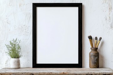 Wall Mural - A black framed white picture sits on a shelf next to a vase