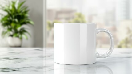 Wall Mural - A minimalist shot of a white coffee mug rests on a sleek marble countertop, creating a serene ambiance.