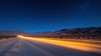 Poster - A long exposure shot of a desert road at night, with bright car headlights illuminating the path beneath a starry sky.