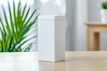 Poster - A white box sits on a wooden table